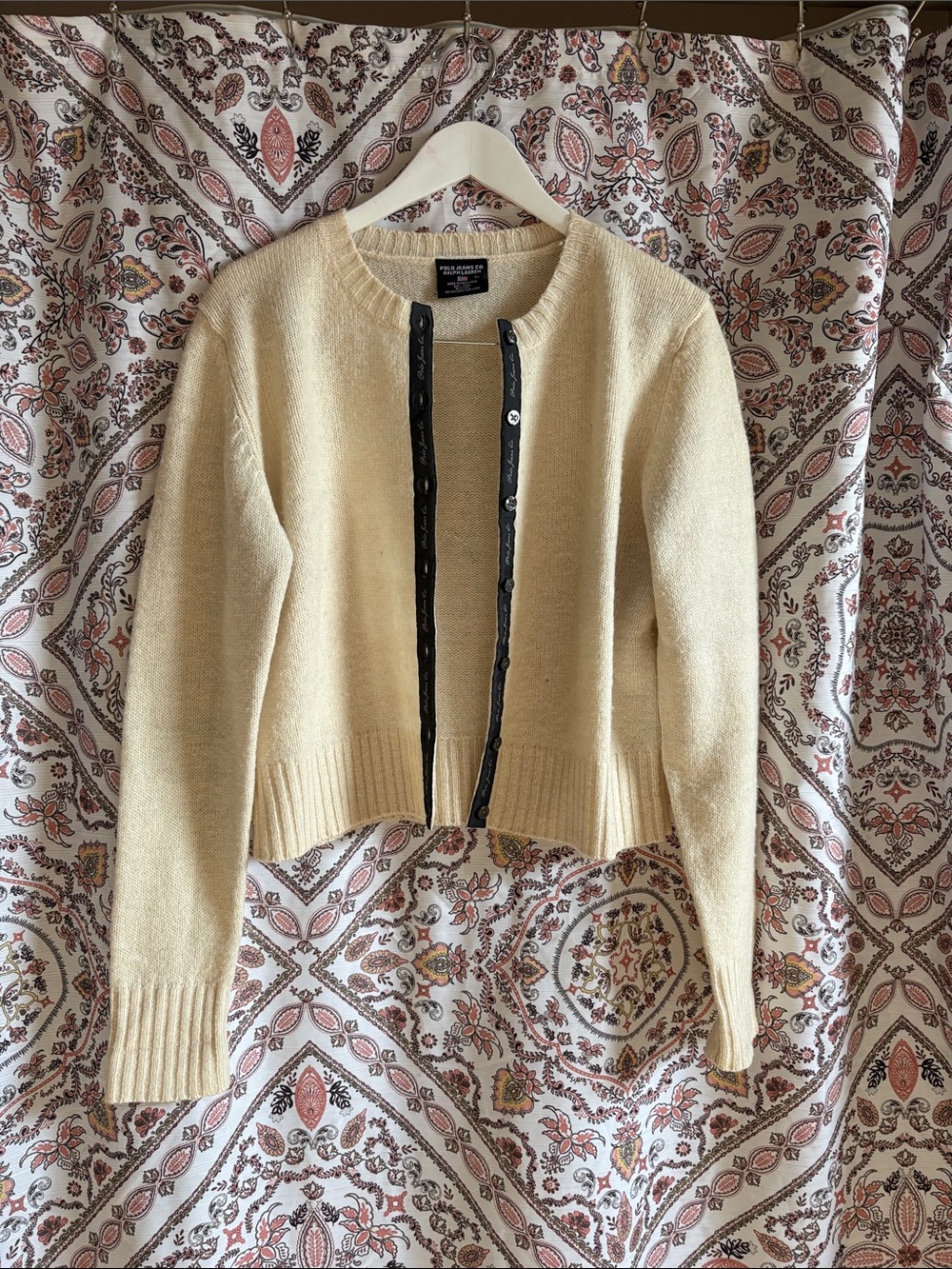 RL Cream Cropped Crewneck Cardigan with Black Trim